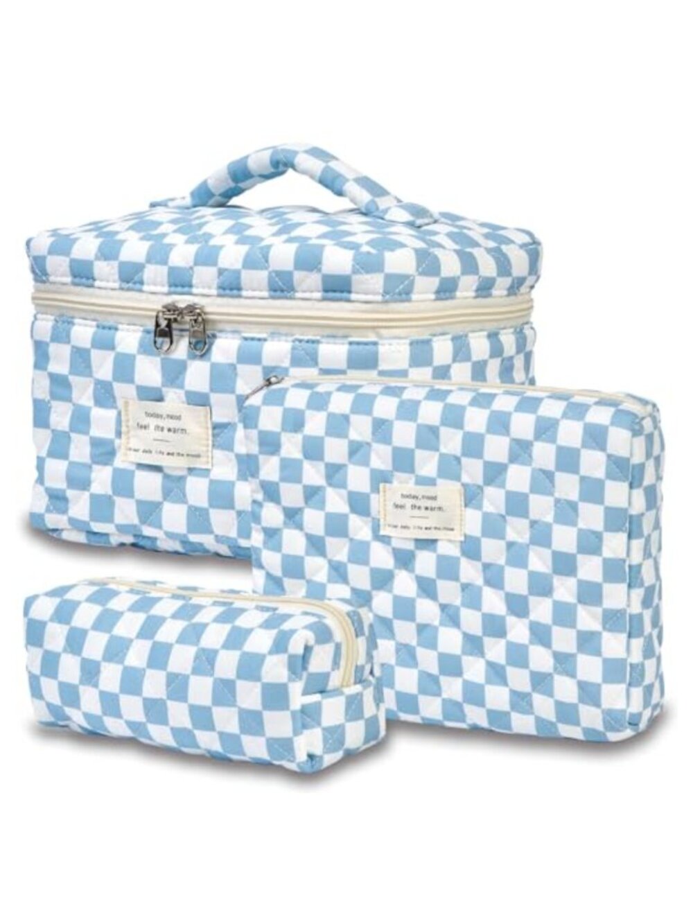 Quilted Cotton Travel Makeup Bag Set 3pc Floral Cosmetic Pouch Toiletry